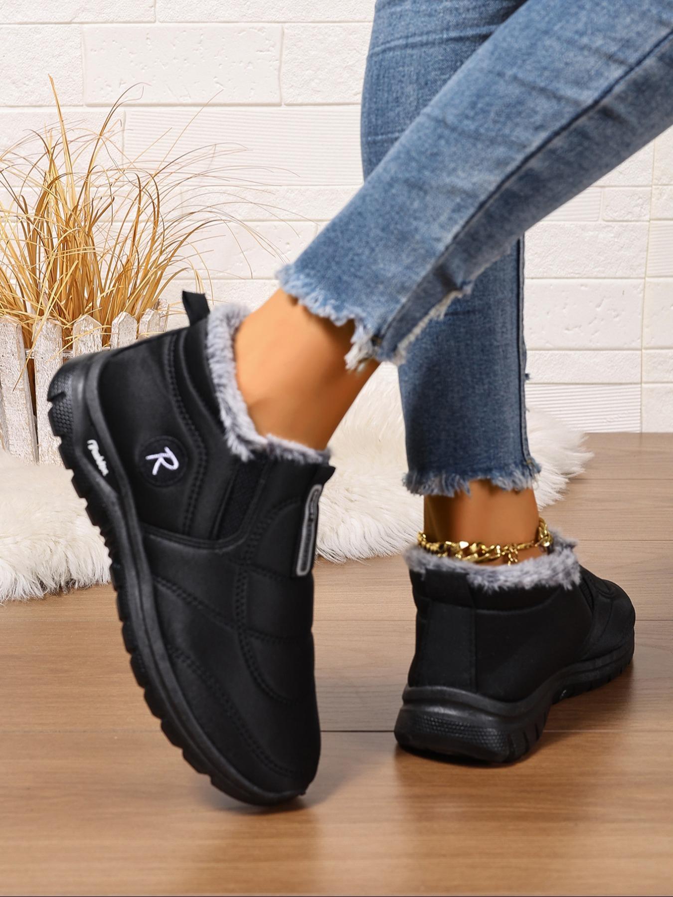 Women's Waterproof Solid Plush Lined Short Boots, Casual Warm Boots, Slip-On Soft Sole Non-Slip Winter Booties for Outdoor & Indoor Comfort, Lightweight Warm Slip-Ons