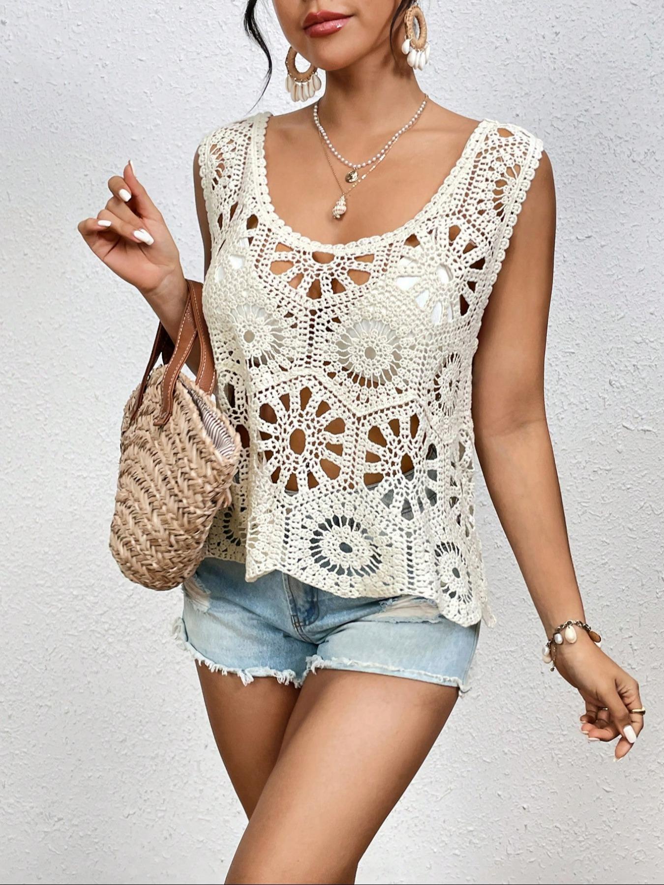 Women's Hollow Out Cover Up Tank Top, Casual Backless Top, Casual Sleeveless Top for Spring & Fall, Ladies Clothes for Beach Holiday Vacation, Minimalist Casual Sleeveless, Crochet Camisole