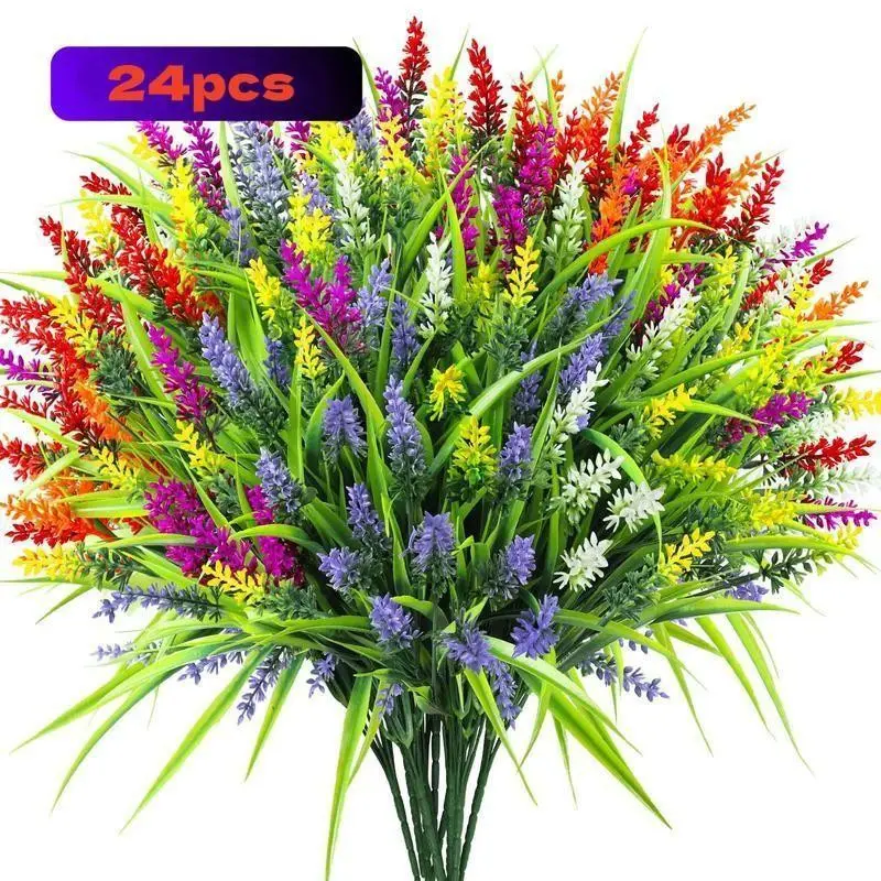 24 pieces of outdoor realistic flowers, including artificial lavender and monkey-face grass, UV-resistant artificial plants, suitable for porches, gardens, windowsills and offices, home decoration, outdoor realistic flowers