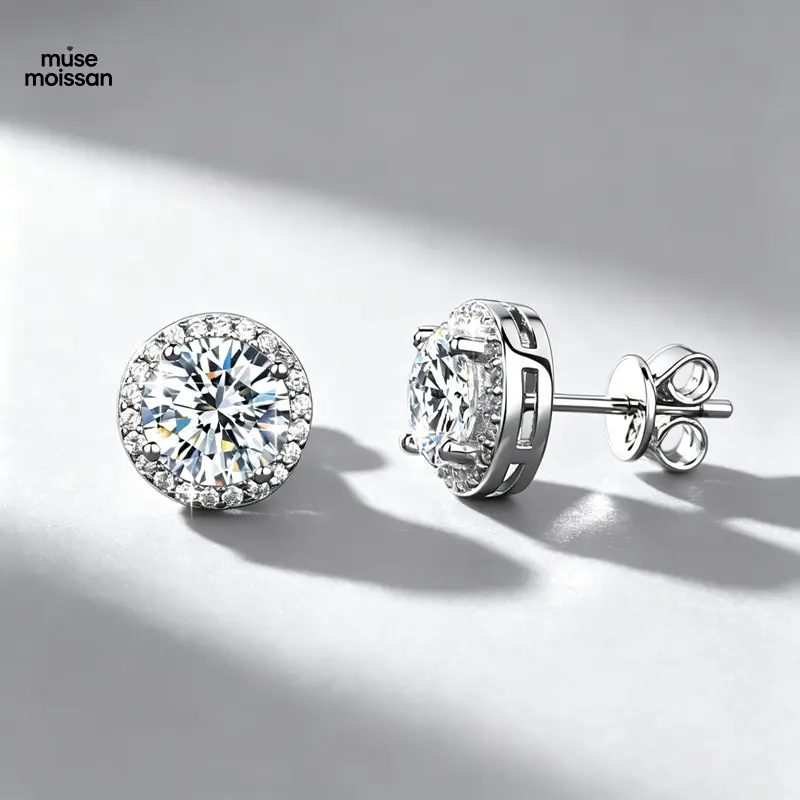 MUSE S925 Sterling Silver Round VVS D Color 1 Carat Lab-Created Moissanite Halo Stud Earrings, Unisex Hip Hop Fashion Jewelry
