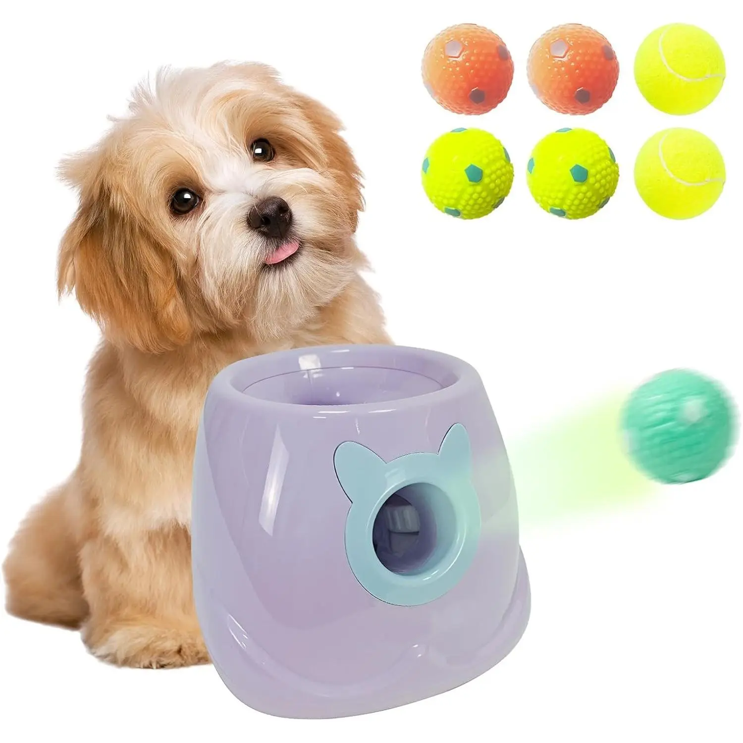 Automatic Dog Ball Launcher with Push-Button Operation, Distance Adjust Function - Interactive Toys for Small-to-Medium Dogs, Includes Latex/Tennis Balls (Purple), Includes Balls