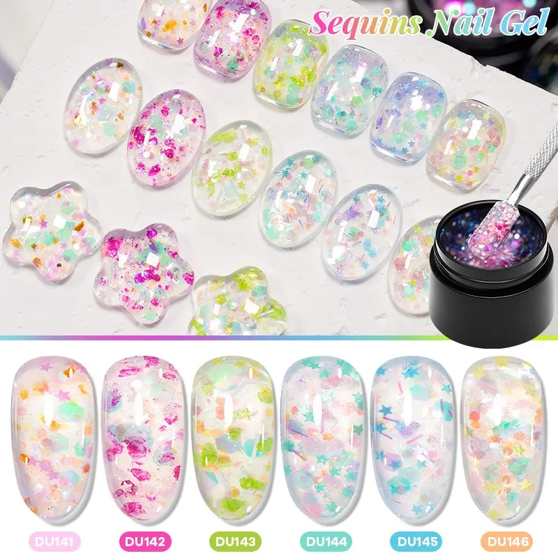 6 Colors Holographic Star Sequins Gel Nail Polish Sets, Transparent Clear Chunky Glitter Flakes, Soak off UV LED Nail Gel for Festival Party DIY Manicure Celebration Nails