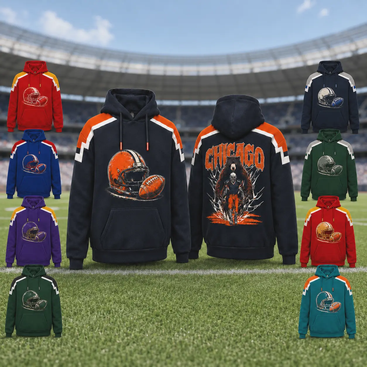 32 City Football Hoodies,Retro Chicago Football Pullover Hoodie, Front Helmet Football Print & Back Bear Skeleton Player Graphic Sweatshirt, Unisex Long Sleeve Top, Casual Sports Streetwear, Great Game Day Outfit & Gift for Men Women Youth
