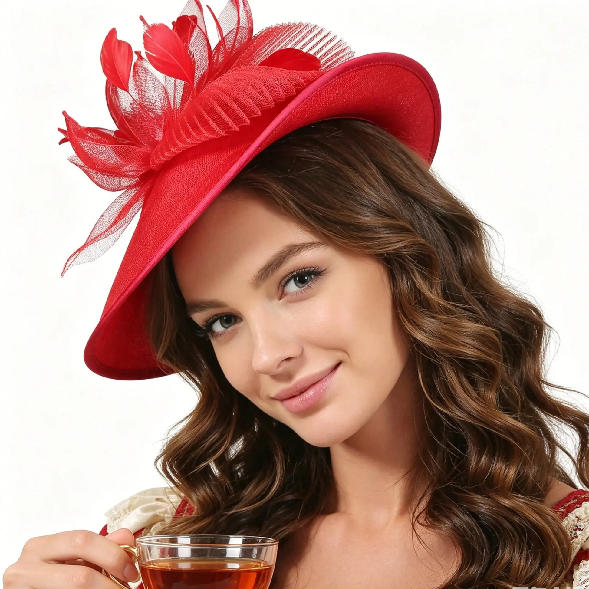 Women's Red Feather Mesh Fascinator Hat - Curved Brim, Satin Trim, Elegant Design for Wedding, Formal Cocktail Events