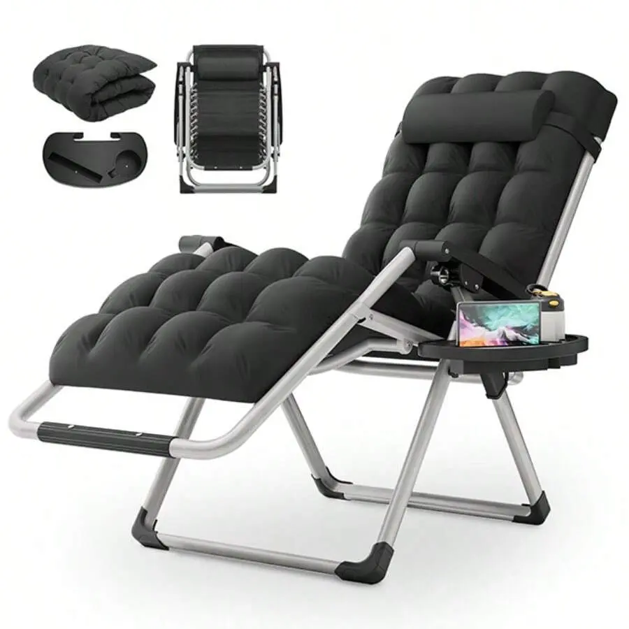 0 Gravity Folding Reclining Lounge  - Detachable Cushion, Side Tray - Indoor, Patio Outdoor Furniture  tanning chair Adjustable Camping Cot with Pillow Foldable Corduroy Massage chaise