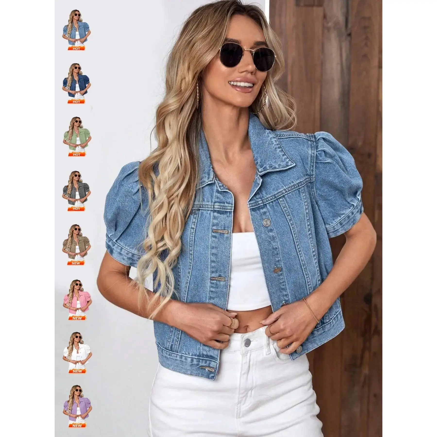 Women's Vintage Bubble Sleeve Light Wash Denim Jacket Coats, Summer Lightweight Thin High Waist Crop Top, Casual Fashionable Fit Short Cropped Jean Coat for Women