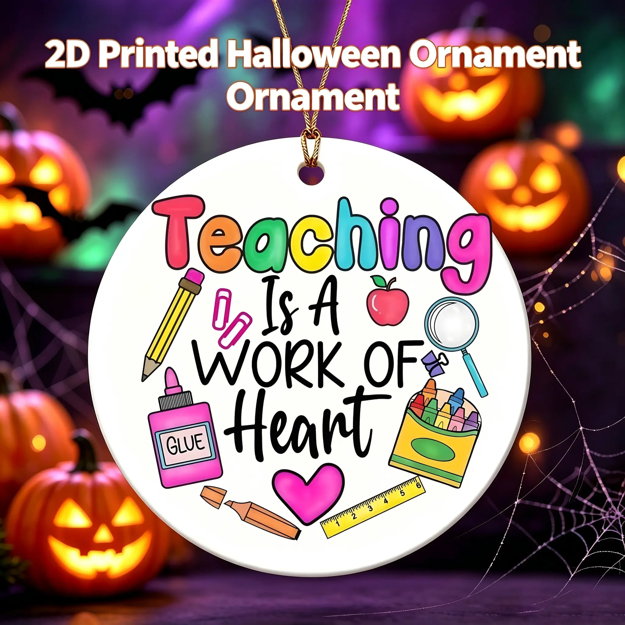 Colorful Cartoon Style Ceramic Ornament Teaching Is A Work Of Heart Pattern With School Supplies Teacher Gift Halloween Decoration 3 Inch