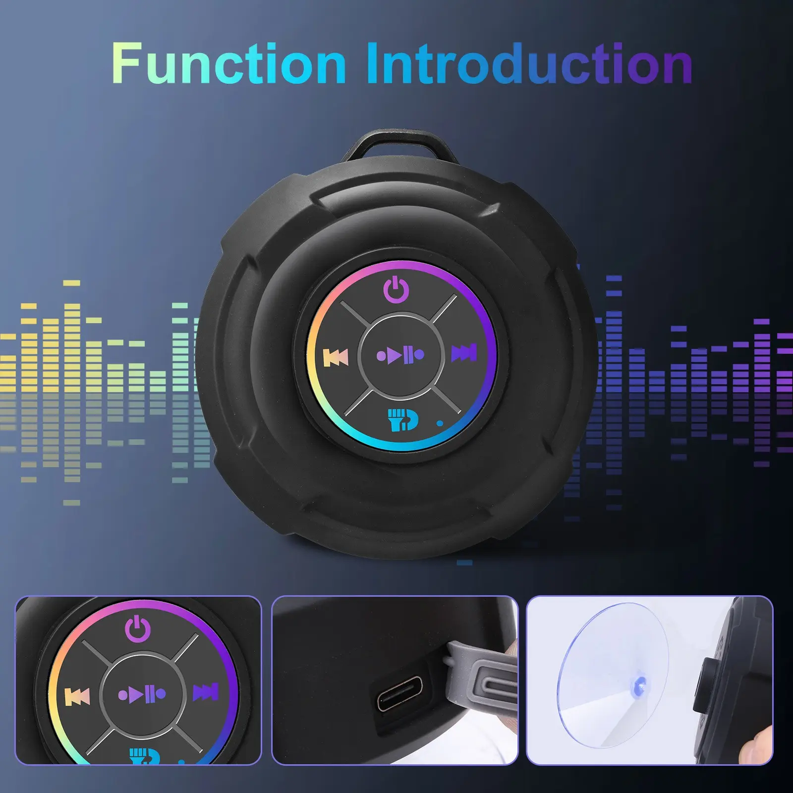 Mini Portable Waterproof Bluetooth Speaker - Strong Suction Cup & Hands-Free Calling, Matte Skin-Feel, Bass & Colorful Lights, Home & Outdoor Use