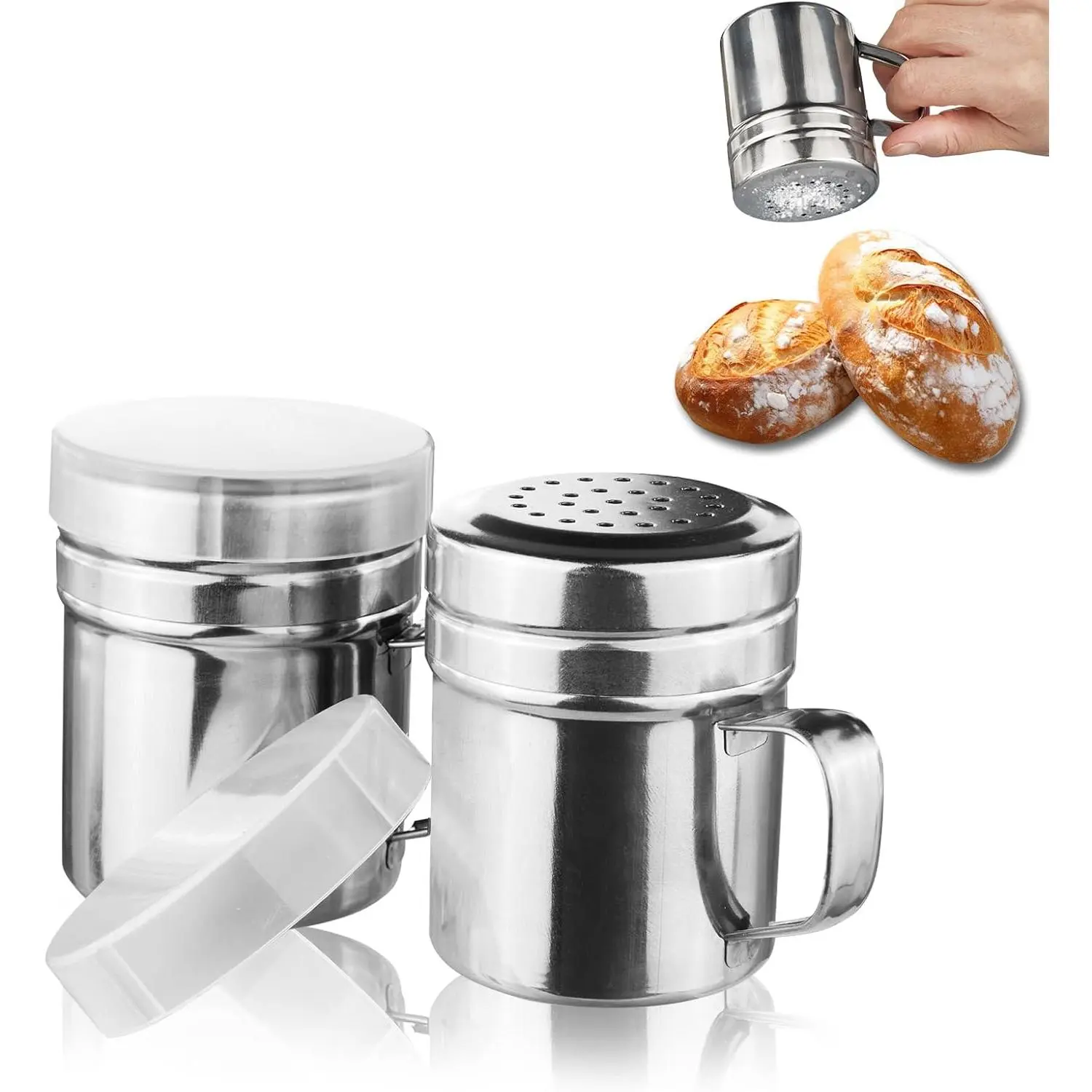 2 count Powdered Sugar Shaker Duster - With Handle - Seasonings  Shakers With Holes and  - for Salt,Sugar,,Coffee Flour Ect,6 Ounce Stainless Steel Baking Soda Shaker (small)