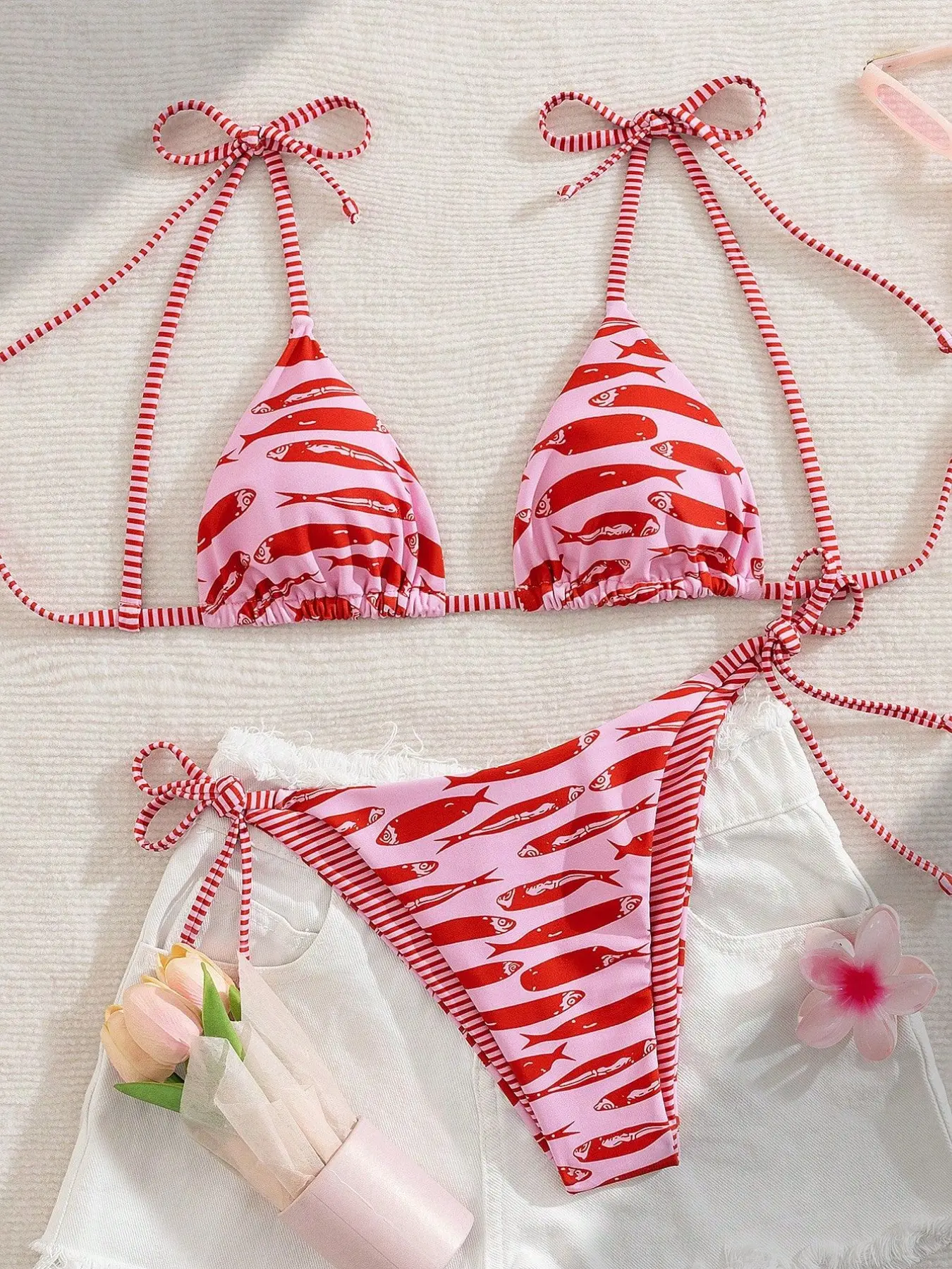 Fish Print Bikini, Reversible Triangle Top, Striped Halter Neck Split Swimwear, Women's Fashion Beachwear, Stylish Poolside