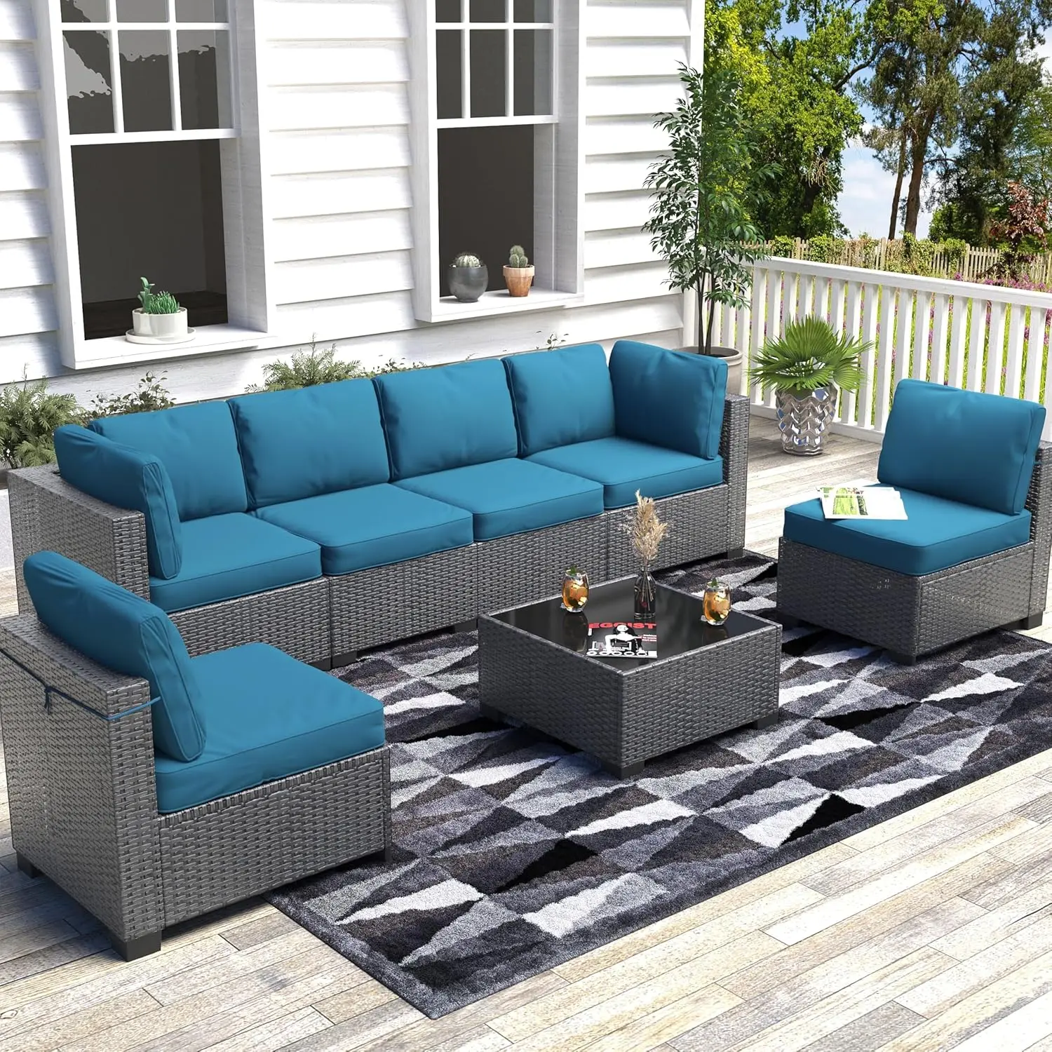 7 Piece Wicker Patio Furniture Set All Weather PE Rattan Sectional Sofa with Thick Cushions and Glass Coffee Table for Garden Balcony Porch and Backyard
