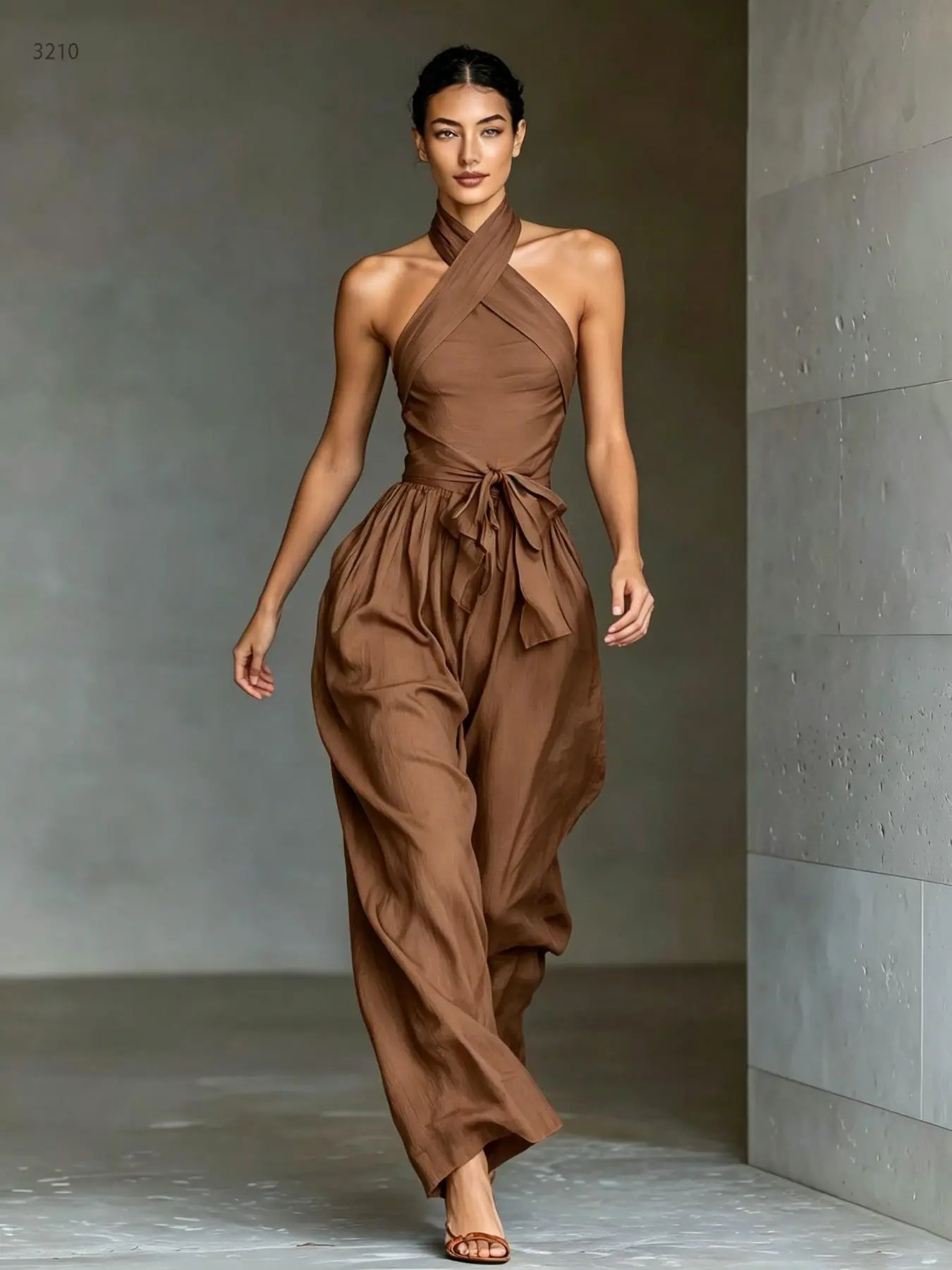 D3210 Minimal Quiet Luxury Soft Life Co-Ord Jumpsuit, Wrap Halter Neck Adjustable Belt Waist, Hidden Pockets Flowy Wide Leg Daily Athleisure Outfit.