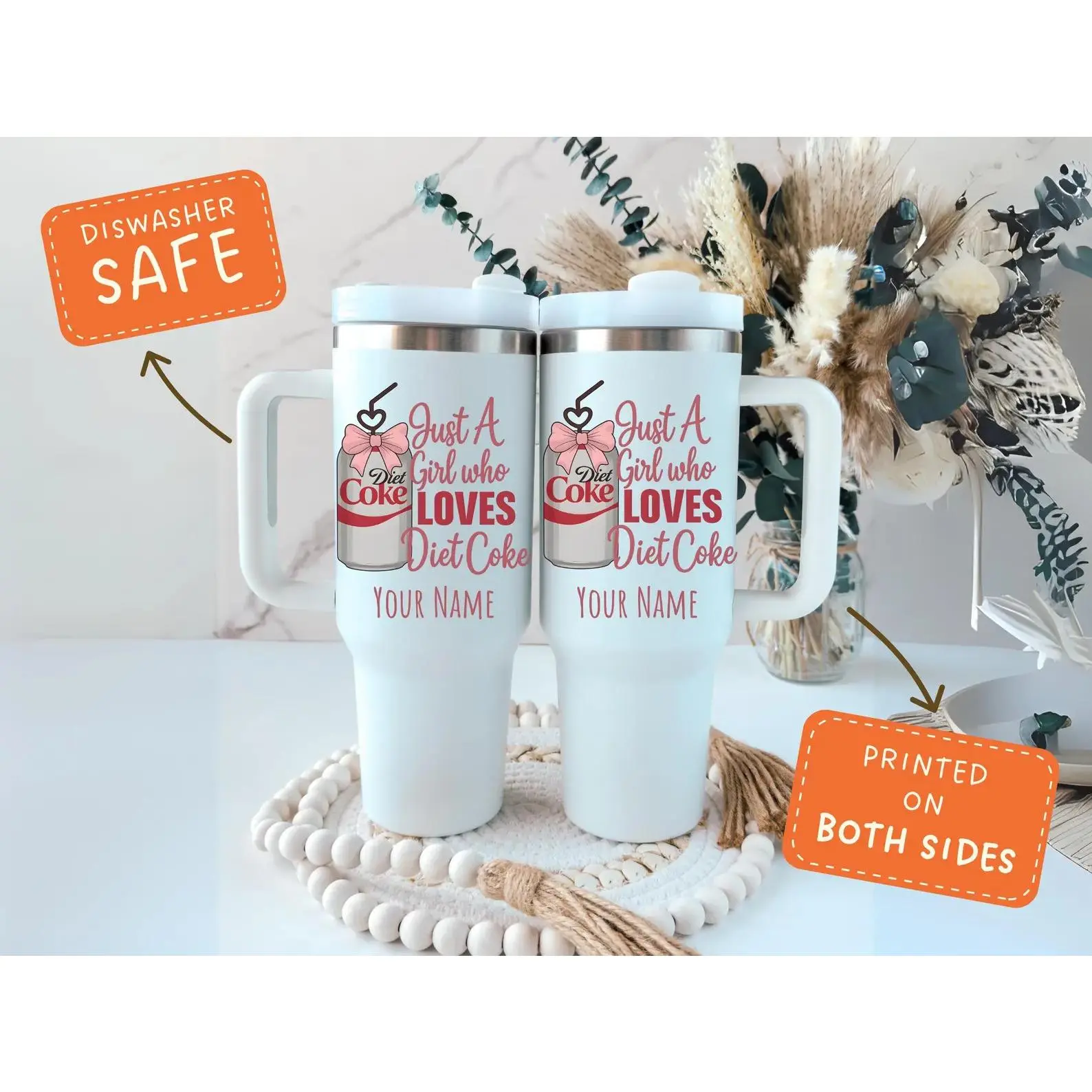 Diet Coke Social Club Blush Pink Bow 40oz 304 SS Stainless Steel Tumbler with Handle, Straw & Dual Ports - Gift for Her Sports Water Bottle