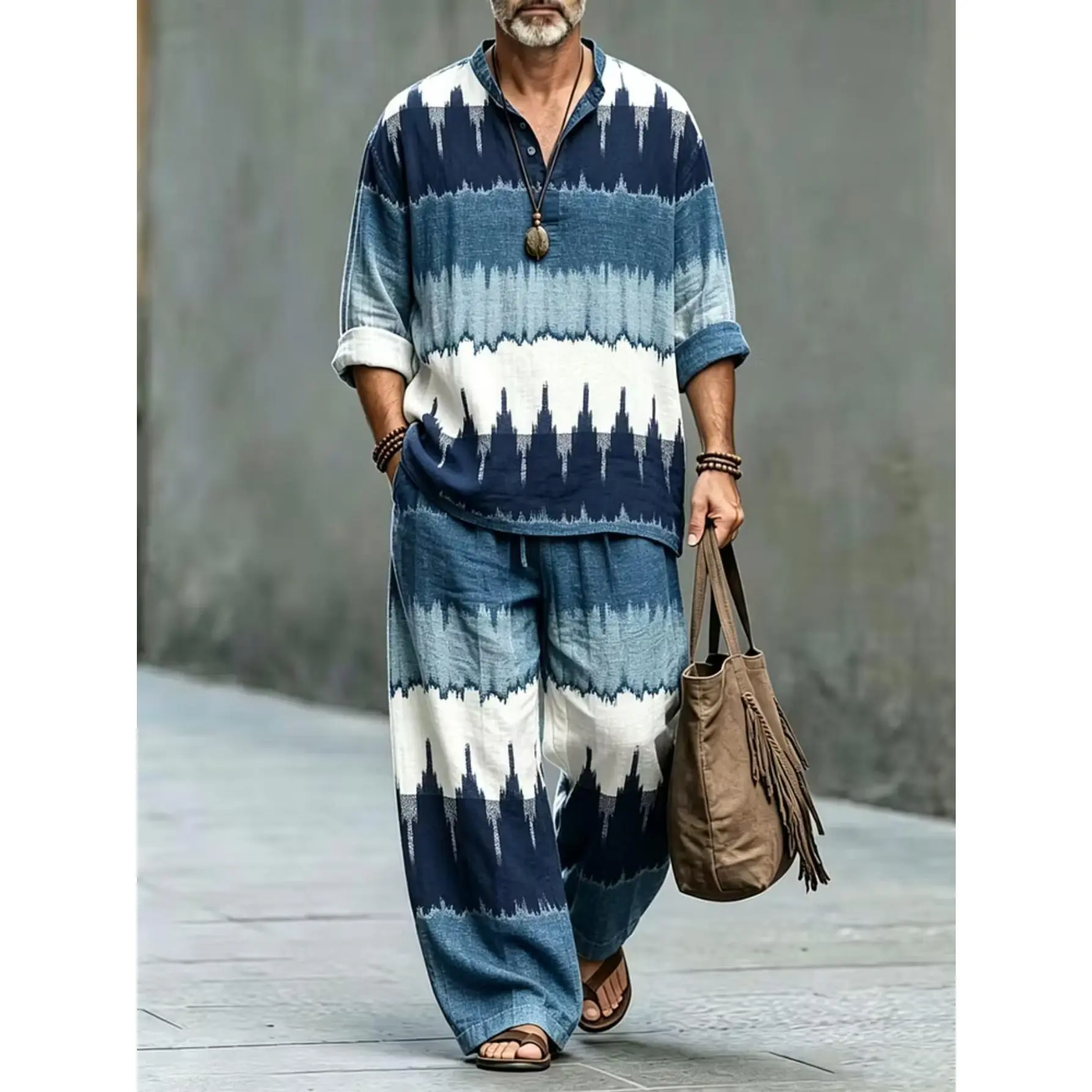 Men's 2-Piece Bohemian Vacation Set - Stand Collar Half-Placket Long-Sleeve Shirt, Wide-Leg Pants with Blue-and-White Gradient Jagged Tie-Dye Menswear Ensemble