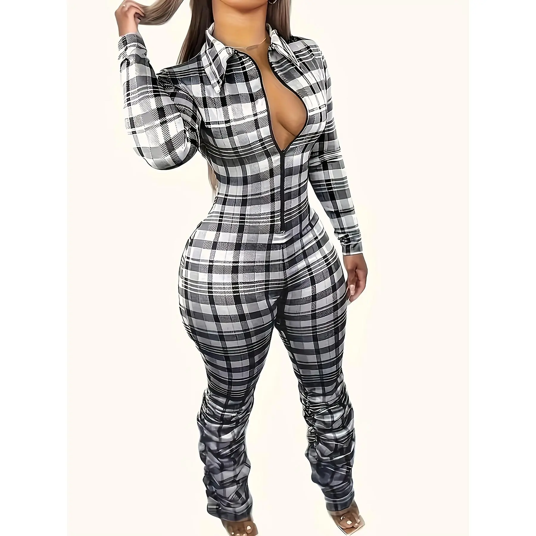 Women's Casual Plaid Jumpsuit, Long Sleeve Zip-Front Knit Polyester Unitard with a Lapel Collar for Fall & Winter, Fabric