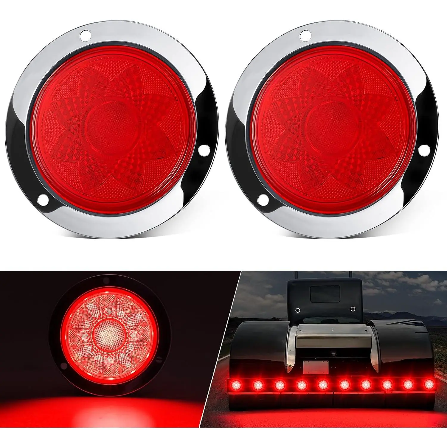 2 count 4 Inch Round LED  Strobe Lights Red Lotus  Stop Turn Tail Running Lamps Chrome Bezel  Connector 12V IP65