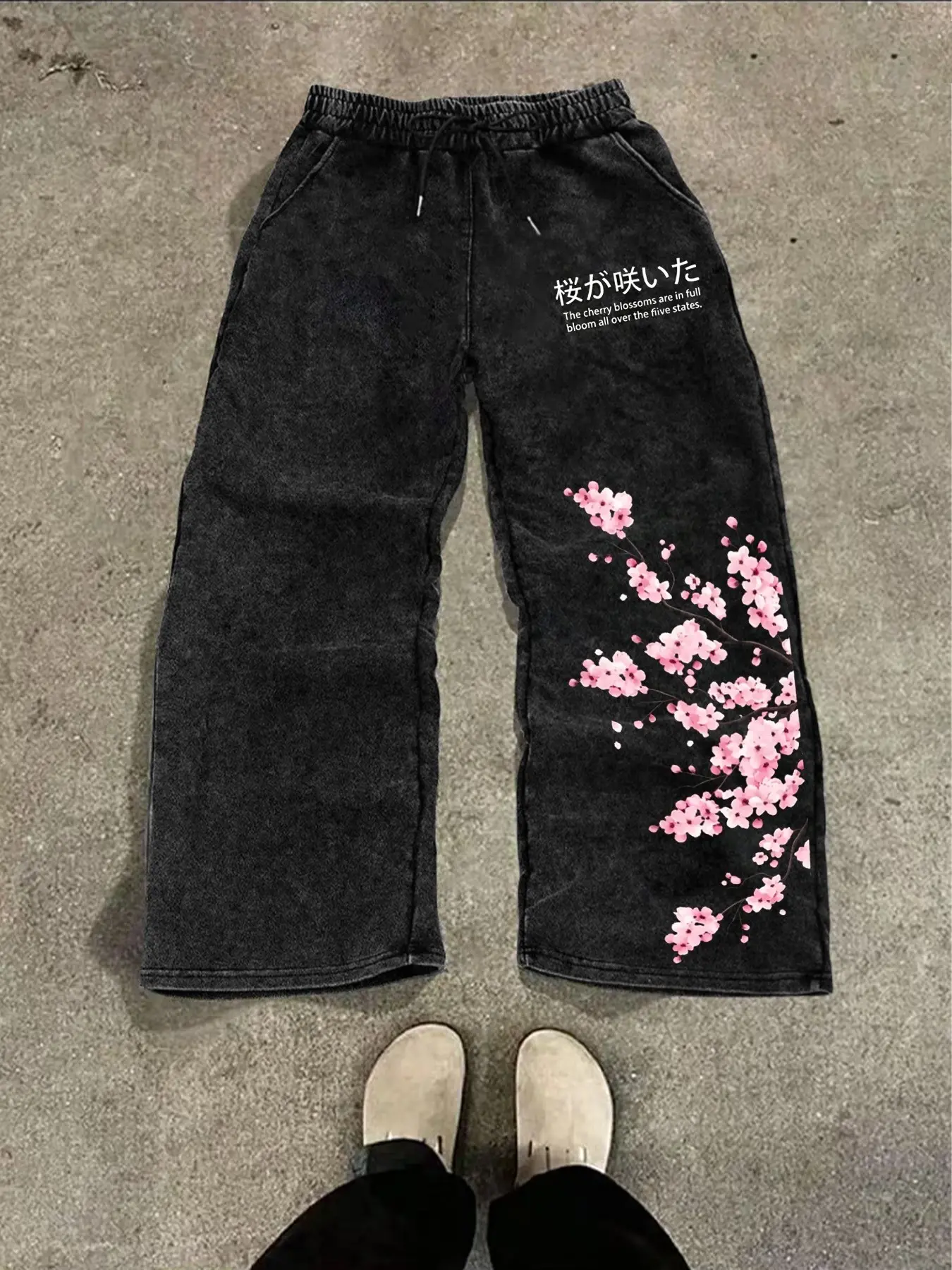 Men's Trendy Long Pants, Cherry Blossom Pattern Vintage Washed Wide Leg Pants, Street Style Men's Long Pants, Fashionable Streetwear, Chic Comfy Pants