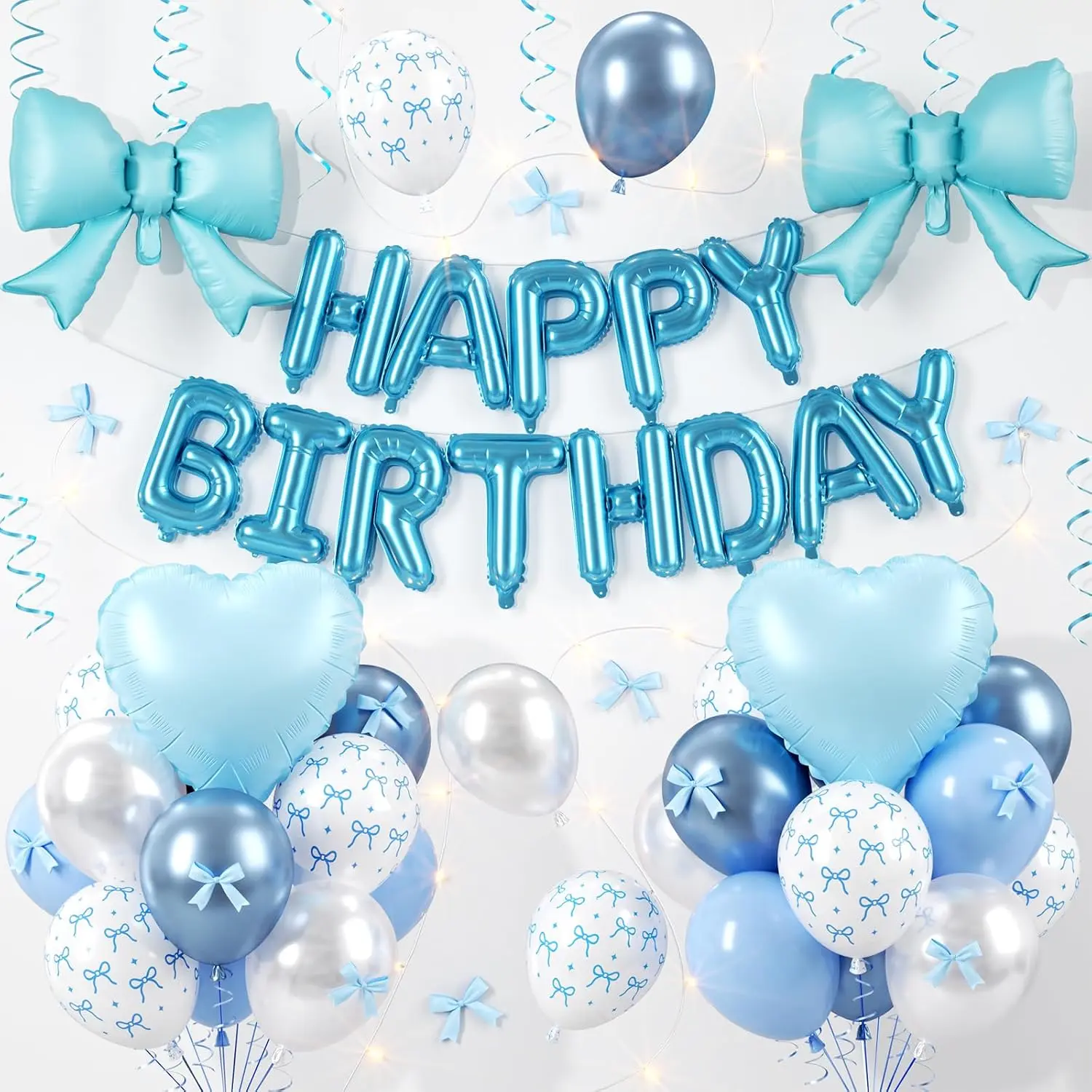 Blue Bow Birthday Decorations, Happy Birthday Banner with Pearl White Light Baby Blue Bows Print Balloon Mini Bows Ribbon Decor, Bow Heart Foil Balloons for Men Boys Girls Women Birthday Party