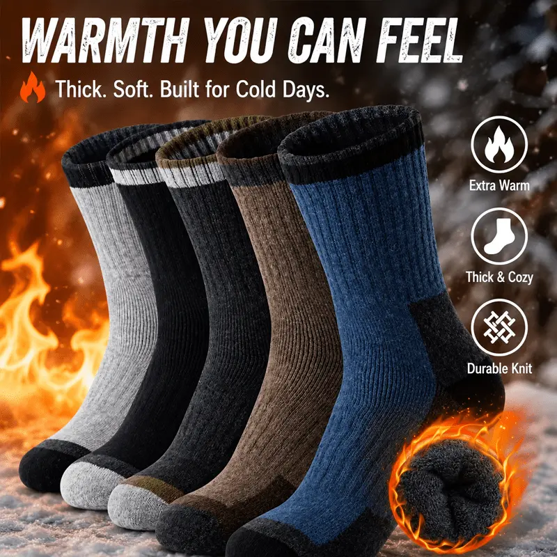 Men's Thick Warm Fleece Socks (mixed-5 pairs Pack) - Moisture-Wicking, Soft, Non-Irritating - Ideal for Christmas Gifts, Daily Wear, Mixed-5Pairs