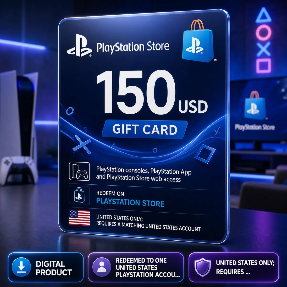 PlayStation Store Gift Card 150 USD Digital Code — United States, Gift Card, PlayStation consoles, PlayStation App and PlayStation Store web access, PlayStation Store, United States