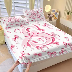 3-Piece Elegant Pink Bow Monogram Letter S Fitted Sheet Set,1 Fitted Sheet+2 Pillowcases,Soft Cozy Fabric,All Season HD Printed,Deep Pocket Non Slip Mattress Cover,Sweet Minimalist Bedding for Guest Room & Women Room Decor