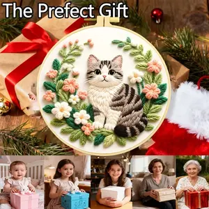 Beginner Embroidery Kit, Cute Striped Cat Pattern, DIY Floral Needlework Materials, Adult Art Craft Gift, Wall Decor, Birthday Present