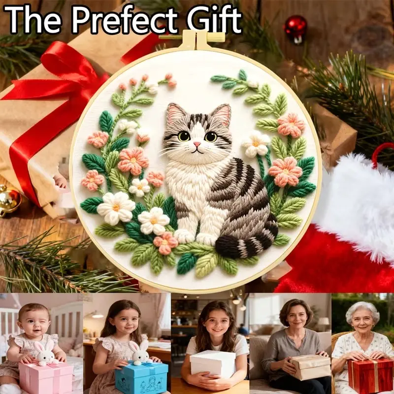 Beginner Embroidery Kit, Cute Striped Cat Pattern, DIY Floral Needlework Materials, Adult Art Craft Gift, Wall Decor, Birthday Present