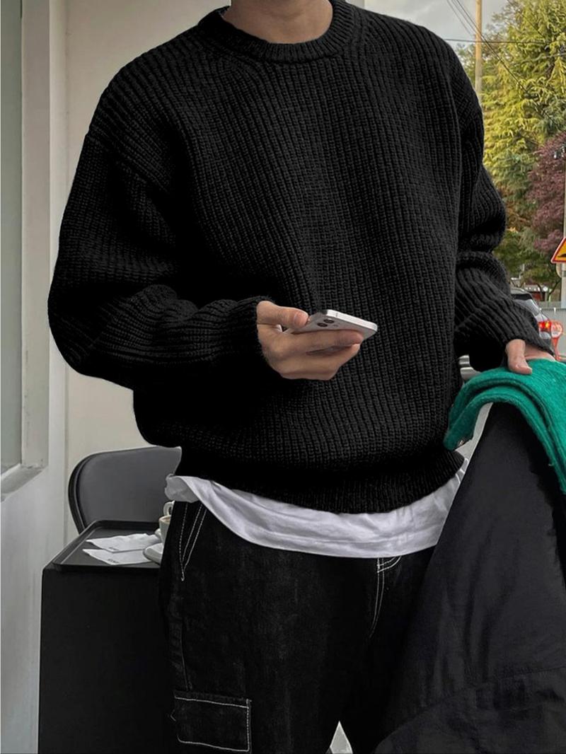 Men's Solid Drop-Shoulder Cable-Knit Sweater, Loose Casual Long-Sleeve Round-Neck Jumper for Fall & Winter, Fashion Knitwear for Daily Wear