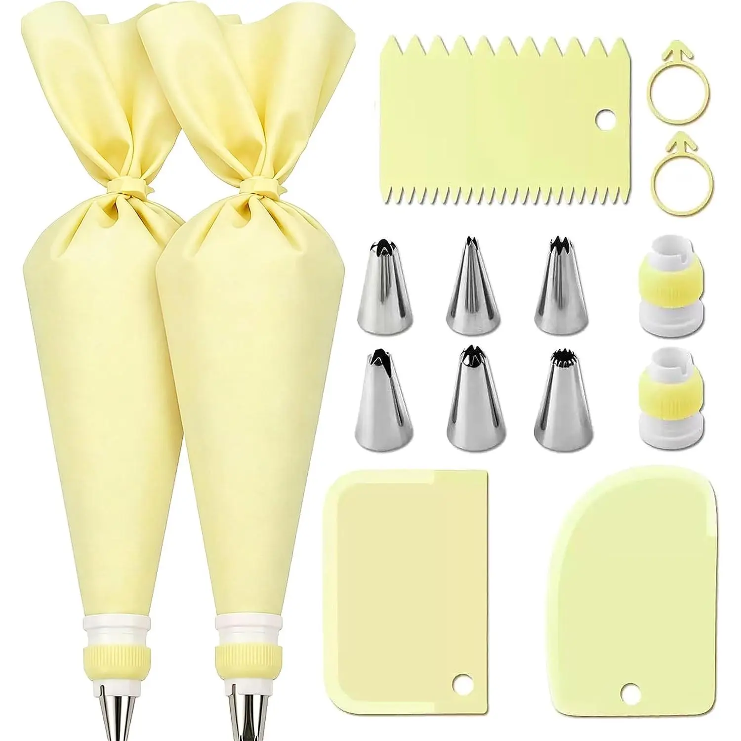15 count Cake Decorating Supplies Set with 2  Superflex Piping Bags, 6 Stainless Steel Icing Tips, 3 Cake Scrapers, 2 Couplers and Ties for Beginners,Cream Yellow