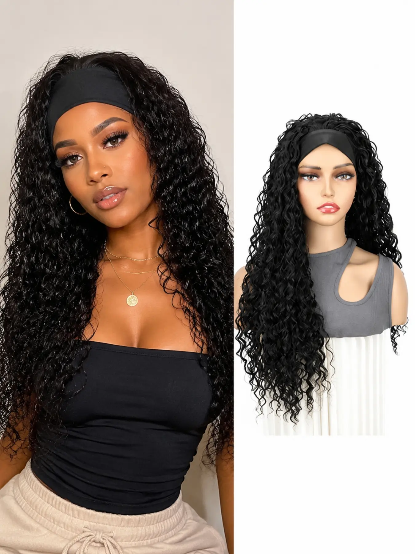 26 Inch Deep Wave Headband Wig for Women, Long Curly Synthetic Hair Wig, Natural Looking Voluminous Glueless Wig, Easy Wear and Go Hairstyle