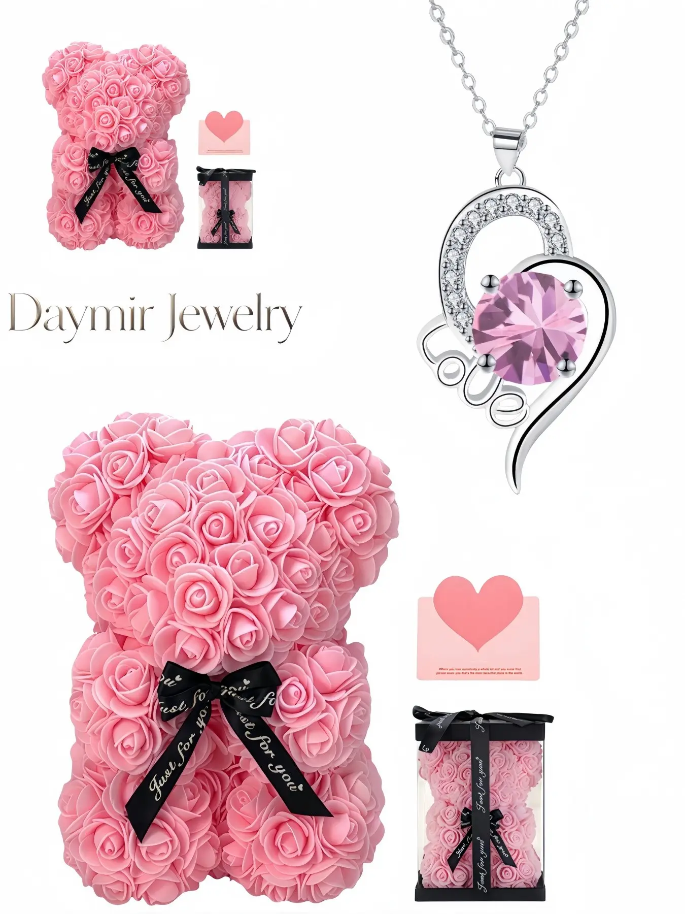 "Love Heart Whisper", premium dazzling LOVE heart gem necklace paired with preserved rose bear gift box, a mysterious gift for birthdays, Valentine’s Day, Mother’s Day and Christmas.
