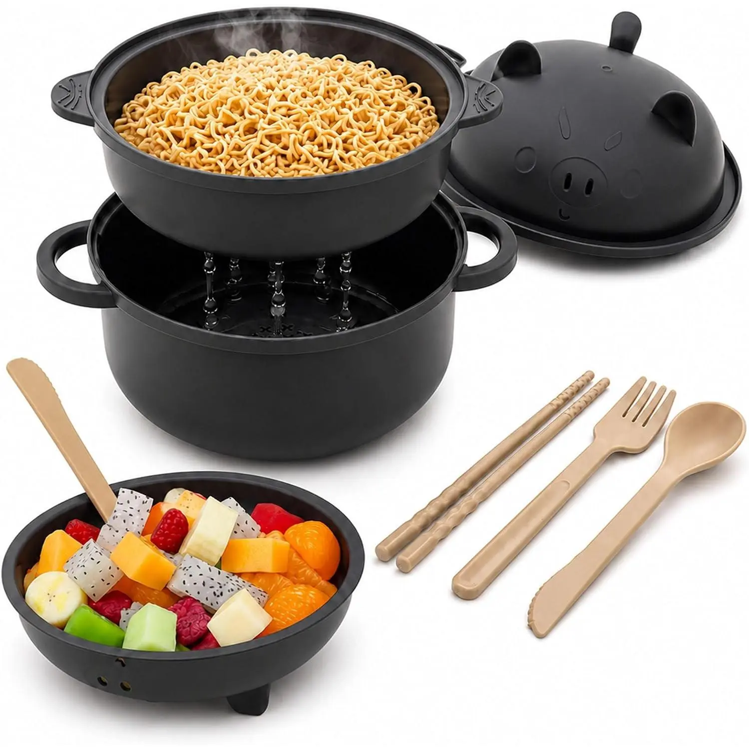 Nifogo Ramen Noodle Bowl Microwavable 43oz Pig Ramen Cooker with Strainer Lid Handle Spoon Fork Chopsticks for Home Dorm College Office Use Kitchenware 1300ml tableware Value Pack Utensils Instant mid year sale deals for you restock summerwins