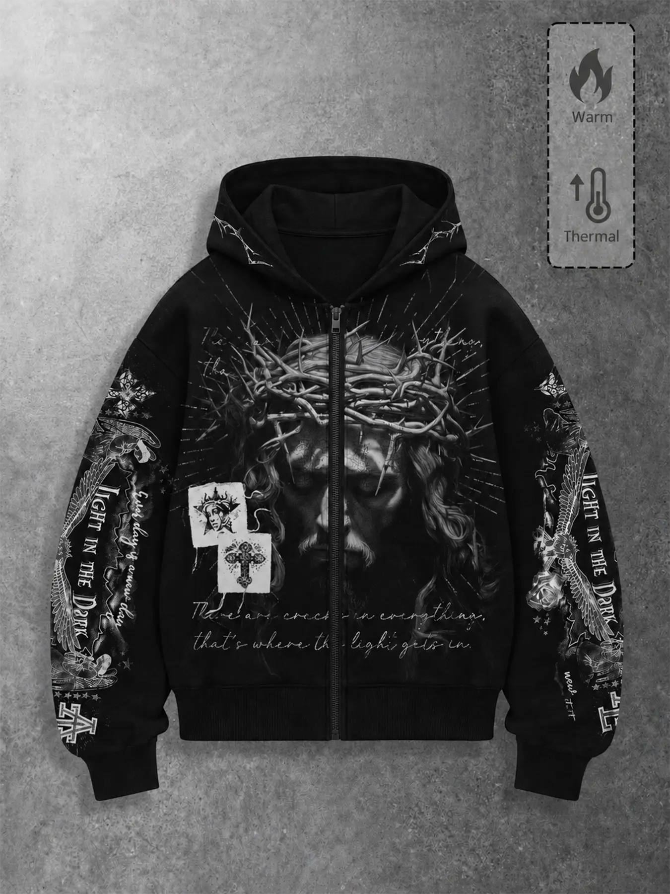 Men's Streetwear Spring Casual Graphic Zip-Up Hoodie, Fitted Y2K Style Sweatshirt, Dark Color Jesus Jacket, All Seasons Fashion