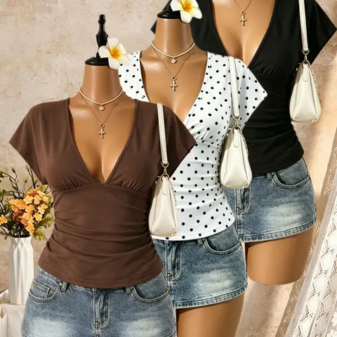 3-Pack Women's Deep V-Neck Pleated Short Sleeve T-Shirts, Slim Fit Basic Casual Top, Polka Dot Pattern, Daily Wear Comfortable Clothing