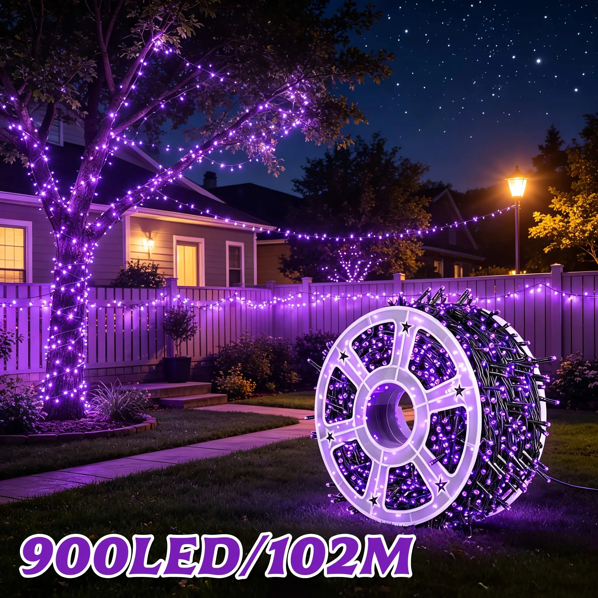 900LED Solar Purple & Orange-Purple String Lights, 8 Lighting Modes, IP54 Waterproof Outdoor Fairy Lights, Decor for Yard, Fence, Garden, Bushes, Fireplace, Wedding, Balcony, Patio & Party
