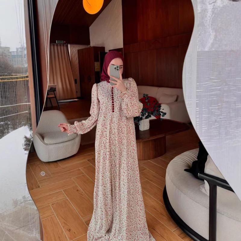 2026 Muslim Women's Clothing Spring and Autumn New Small Floral Long-sleeved Pendulum Dress