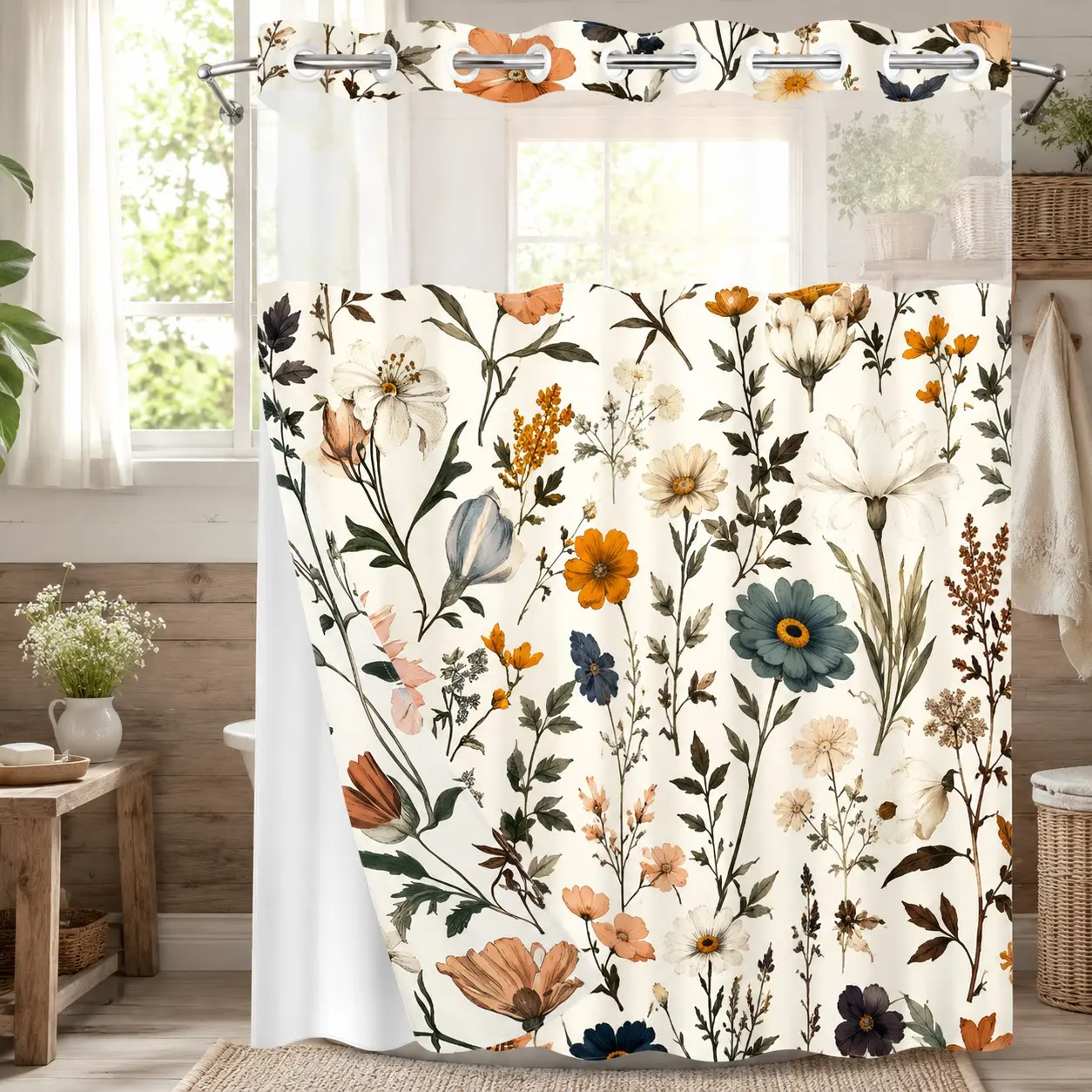 1PC 2D Flat Floral Pattern Double-Layer Woven Shower Curtain (No Hooks), Transparent Top Window, Removable liner with snap-on lining, Modern and Personalized Bathroom Partition Art Decoration, Bathroom Decor, Holiday Decoration