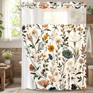 1PC 2D Flat Floral Pattern Double-Layer Woven Shower Curtain (No Hooks), Transparent Top Window, Removable liner with snap-on lining, Modern Bathroom Partition Art Decoration, Bathroom Decor, Bathroom Decorations, Bathroom Accessory