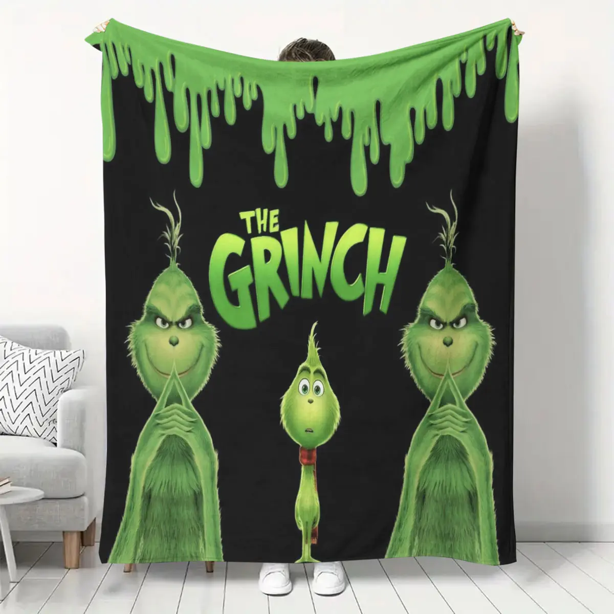 Christmas Grinch Flannel Blanket, Cute Cartoon Pattern, Soft Comfortable, Home Decor, Perfect Holiday Gift, Ca Prop 65 Compliant