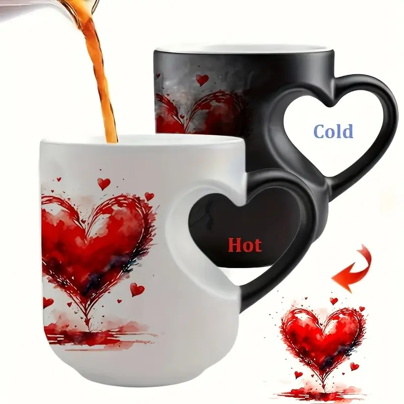 Heart Handle Magic Color Changing Mug, 11oz Insulated Reusable Ceramic Cup, Coffee/tea Dual Use, Artistic Design, Ideal Gift, Hand Wash Only, Coffee Mugs, Beverage Mug