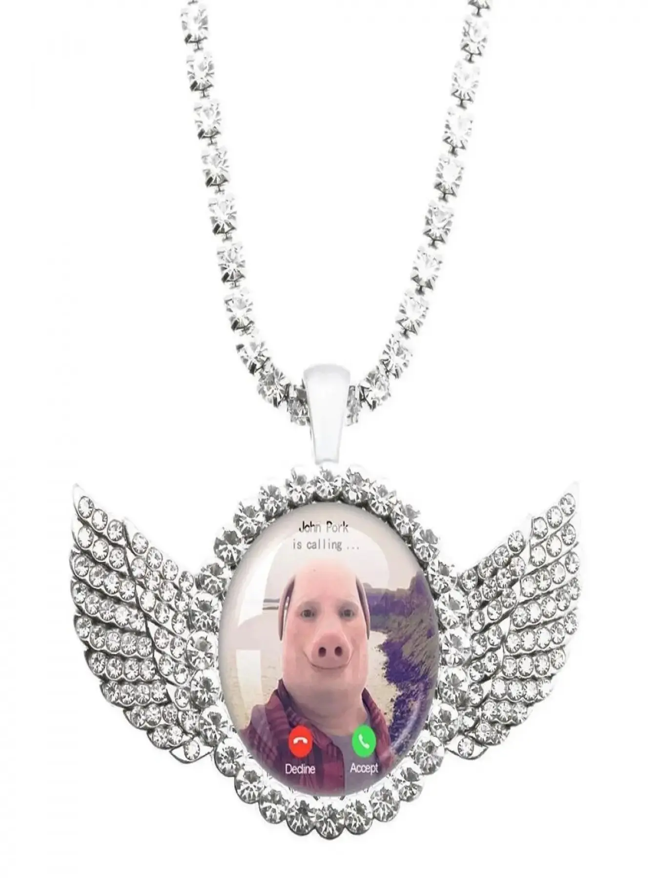 Wings Rhinestone John Pork Meme Pendant Necklace, Humorous Alloy Chain, Casual Street Jewelry, Birthday Gift for Meme Fans