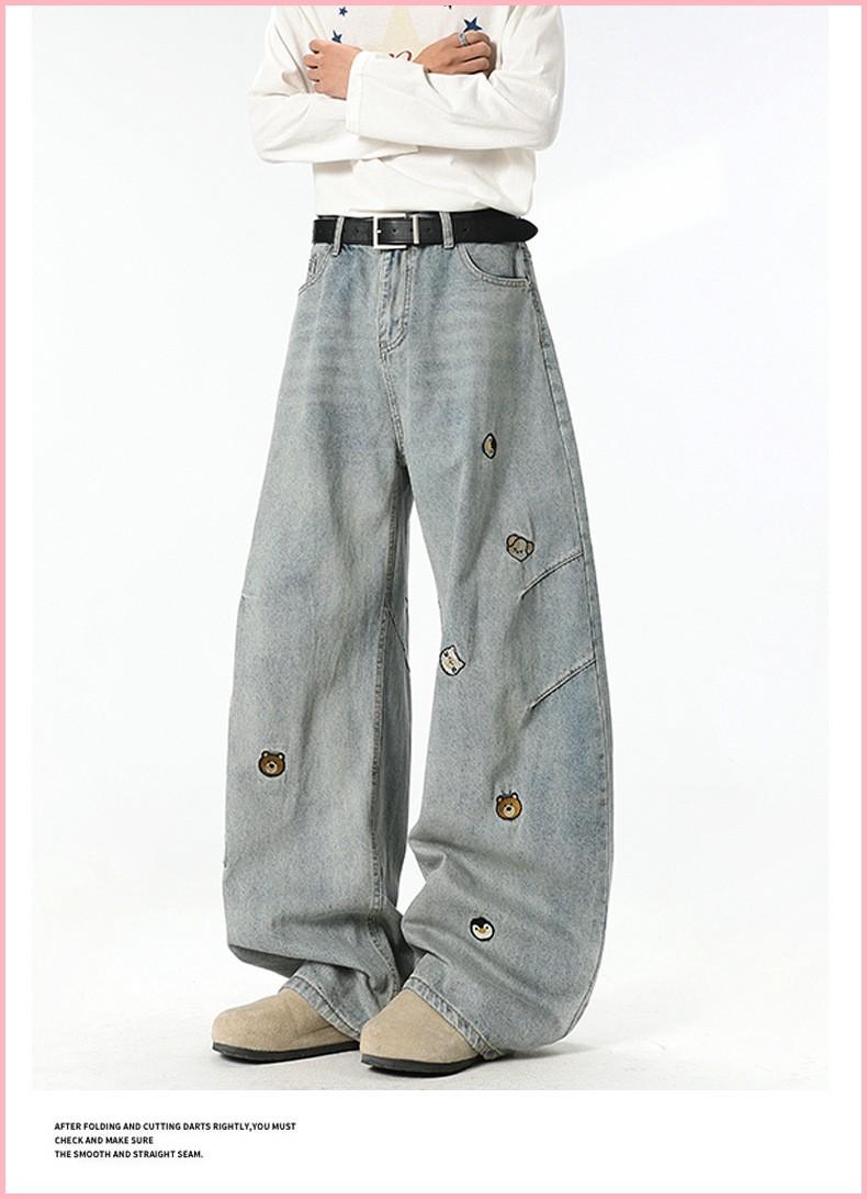 American High Street Trendy Brand Cartoon Embroidered Versatile Distressed Scimitar Pants Wide Leg Pants Straight Jeans