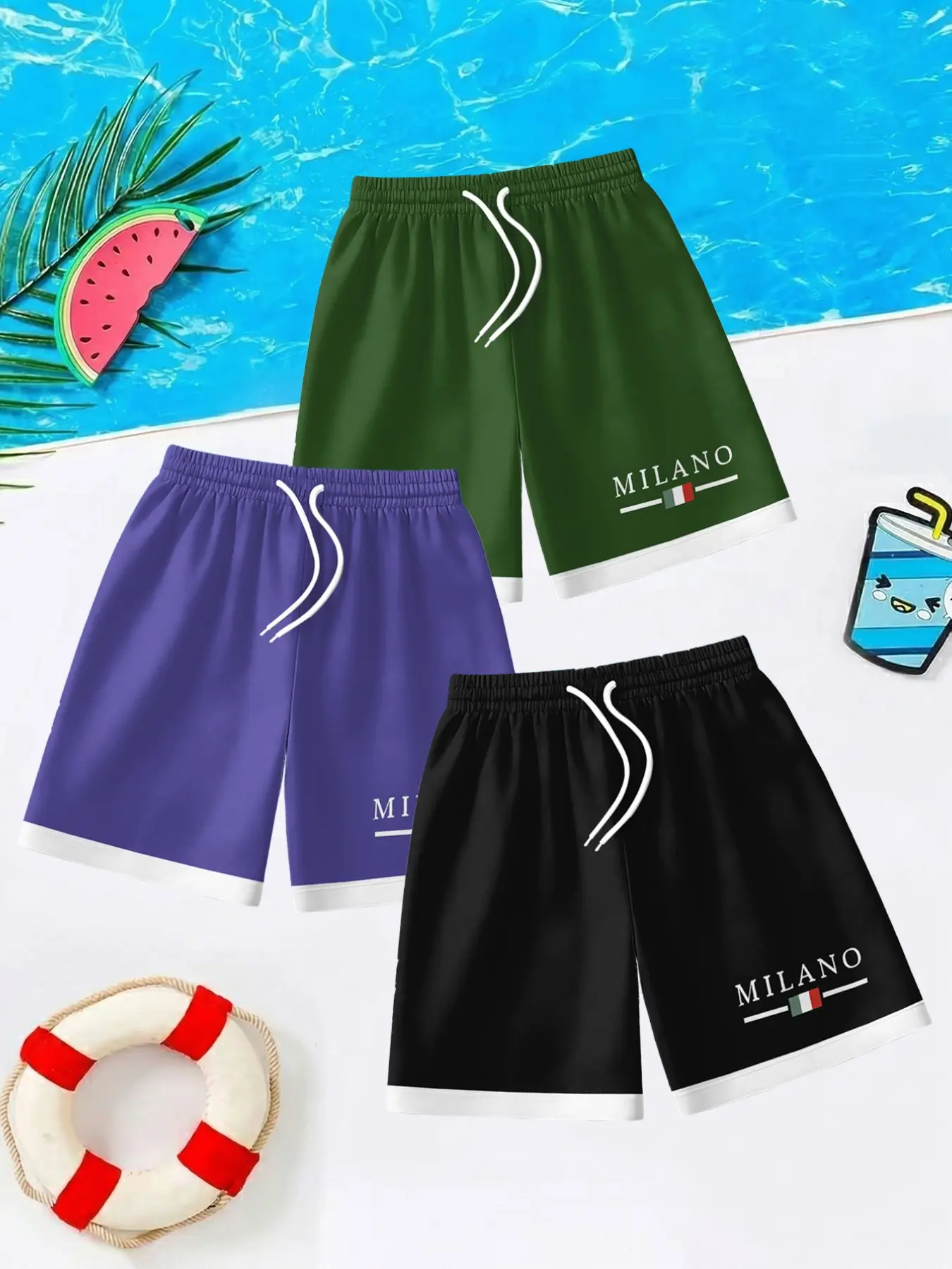 3-Pack Milan Letter Logo Short Pants Set, Side Italian Flag Print, Loose Drawstring Beach Pants, Casual Knee-Length, All Seasons
