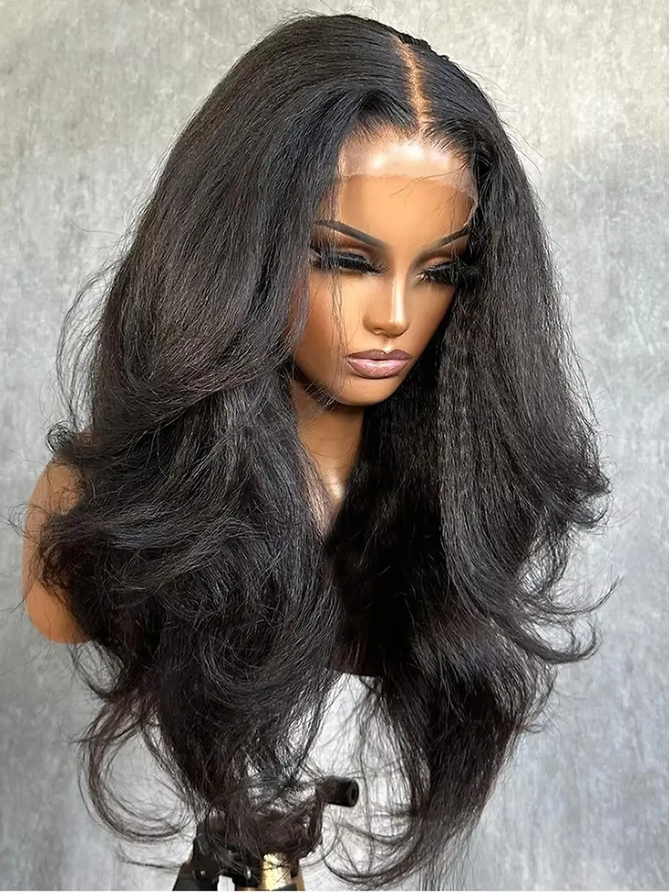 Soft Long 30-Inch 180 Density Yaki Kinky Body Wave Front Lace Wig, Glueless Pre-Plucked Heat Resistant Daily Wear Wig, Glueless Hair Wig
