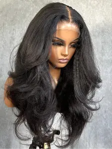 Soft Long 30-Inch 180 Density Yaki Kinky Body Wave Front Lace Wig, Glueless Pre-Plucked Heat Resistant Daily Wear Wig