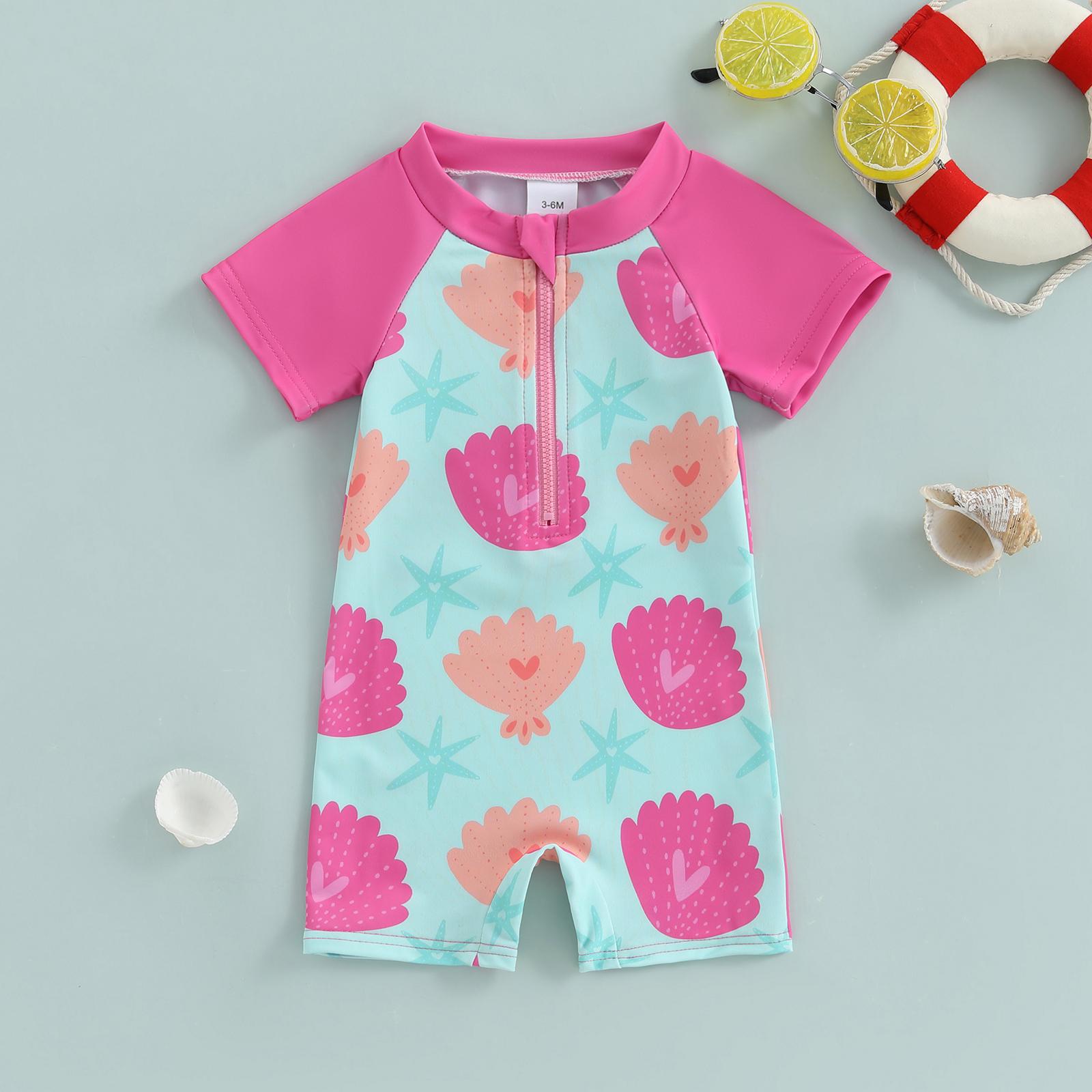 Toddler Girls Rash Guard Swimsuit Flower Starfish Shell Pattern Zip Up Short Sleeve Crew Neck Baby Girls Swimwear Toddler Girls Rash Guard Swimsuit Flower Starfish Shell Pattern Zip Up Short Sleeve Crew Neck Baby Girls Swimwear