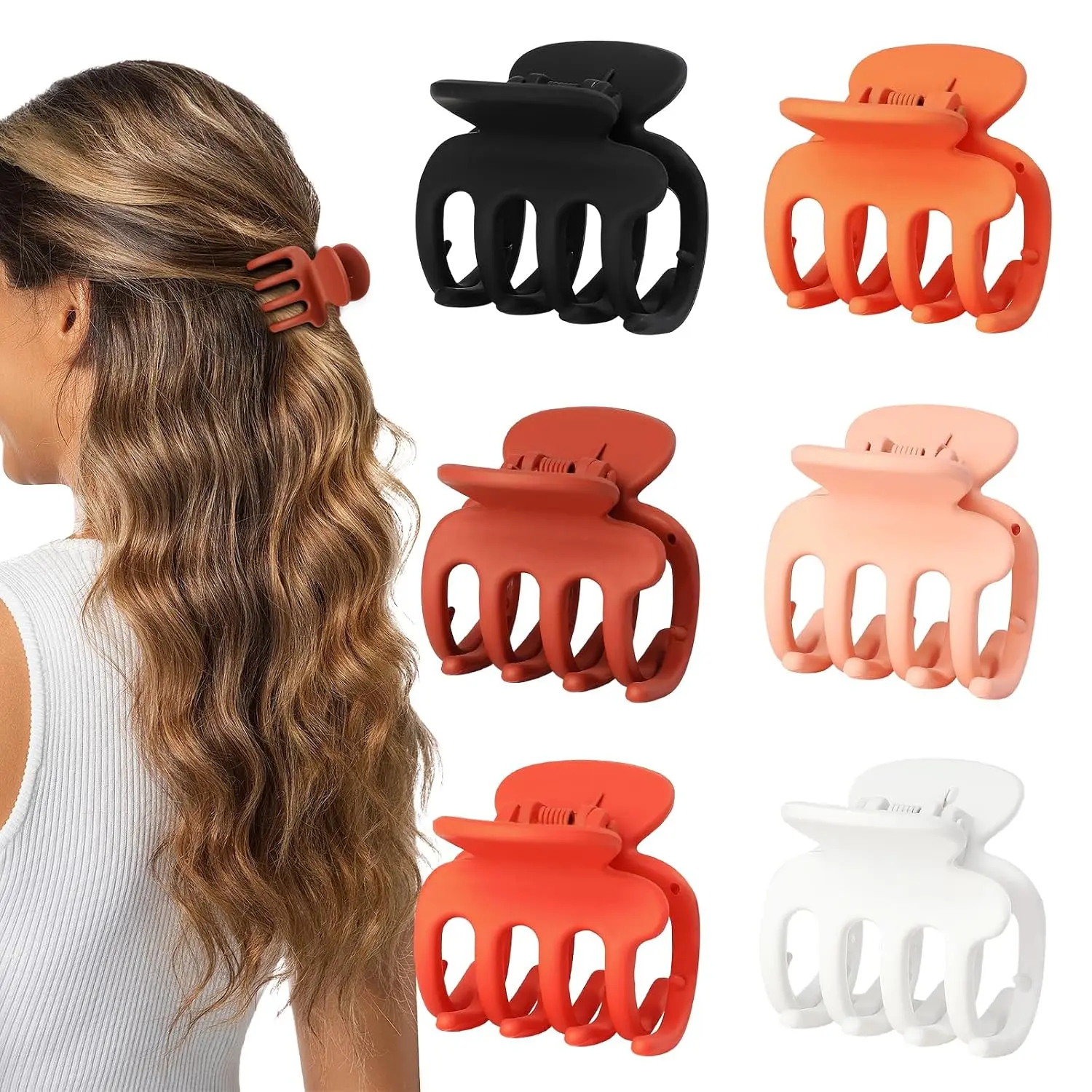 Small Matte Hair Claw Clips for Thin Hair, 6 Pack, Orange | Matte non-slip grip for secure everyday styling, designed for women and girls with fine or thin hair