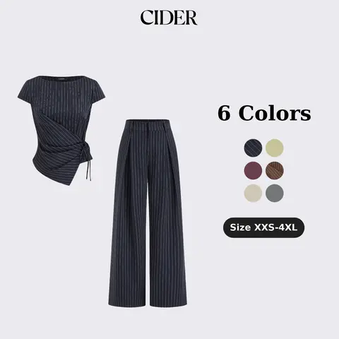 Cider Striped Boat Neck Short Sleeve Wrap Knotted Top & Mid Rise Straight Leg Trousers Set