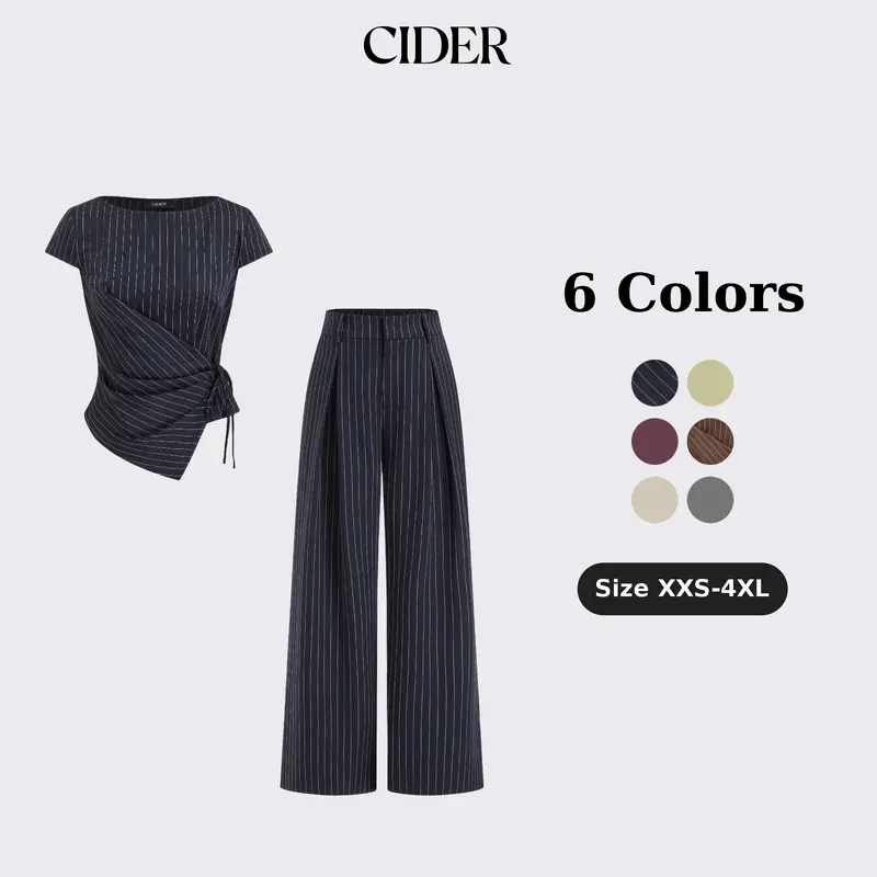 Cider Striped Boat Neck Short Sleeve Wrap Knotted Top & Mid Rise Straight Leg Trousers Set