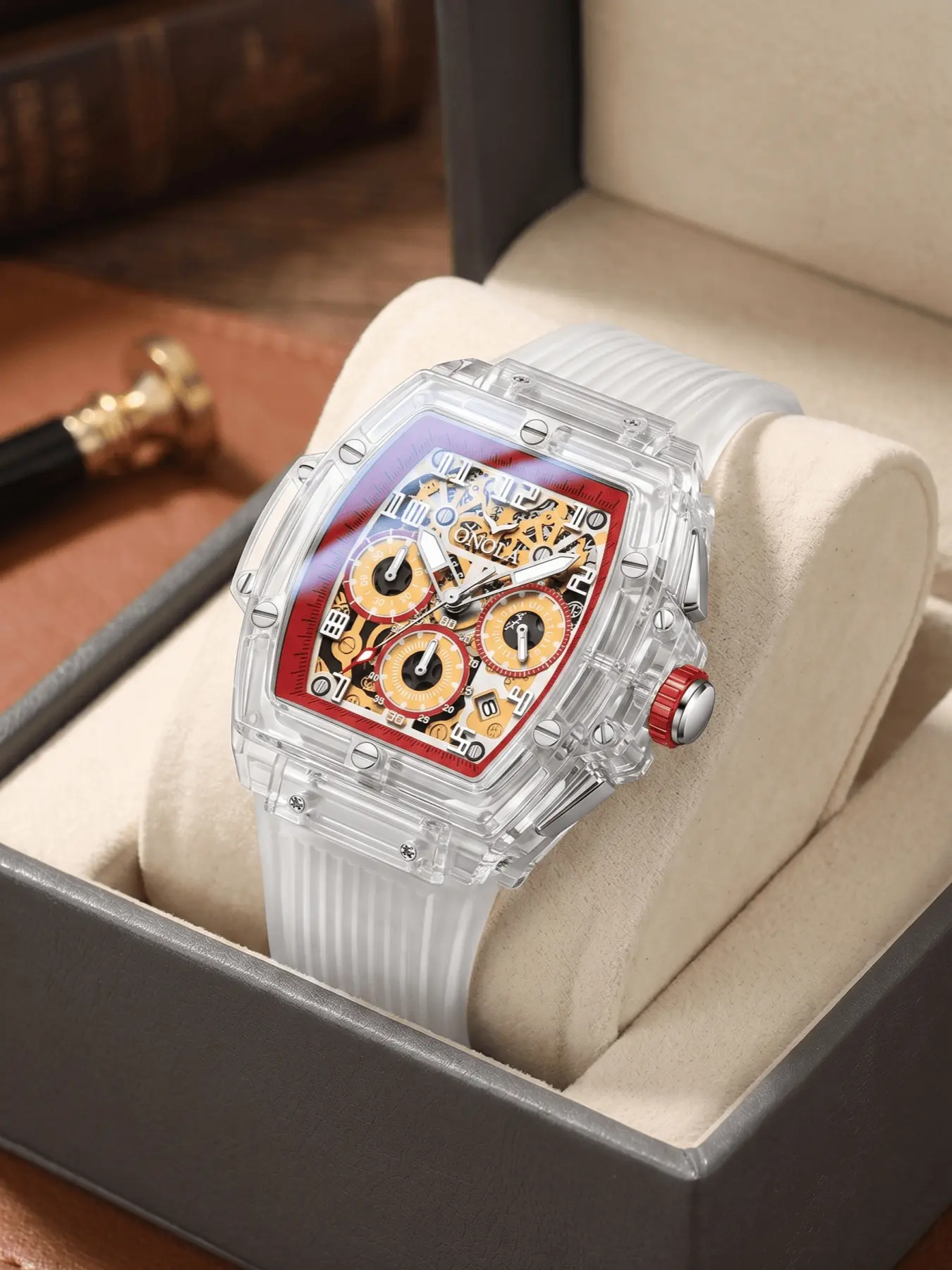 ONOLA Men's Quartz Watch, Luxury Business Fashion Quartz Wrist Watch Chronograph Hand Watch Transparent Tonneau Case Hollow Skeleton Dial Silicone Strap 30M Waterproof Sport Male Wristwatch Fashion Trendy Casual Daily Gift Watch For Guys